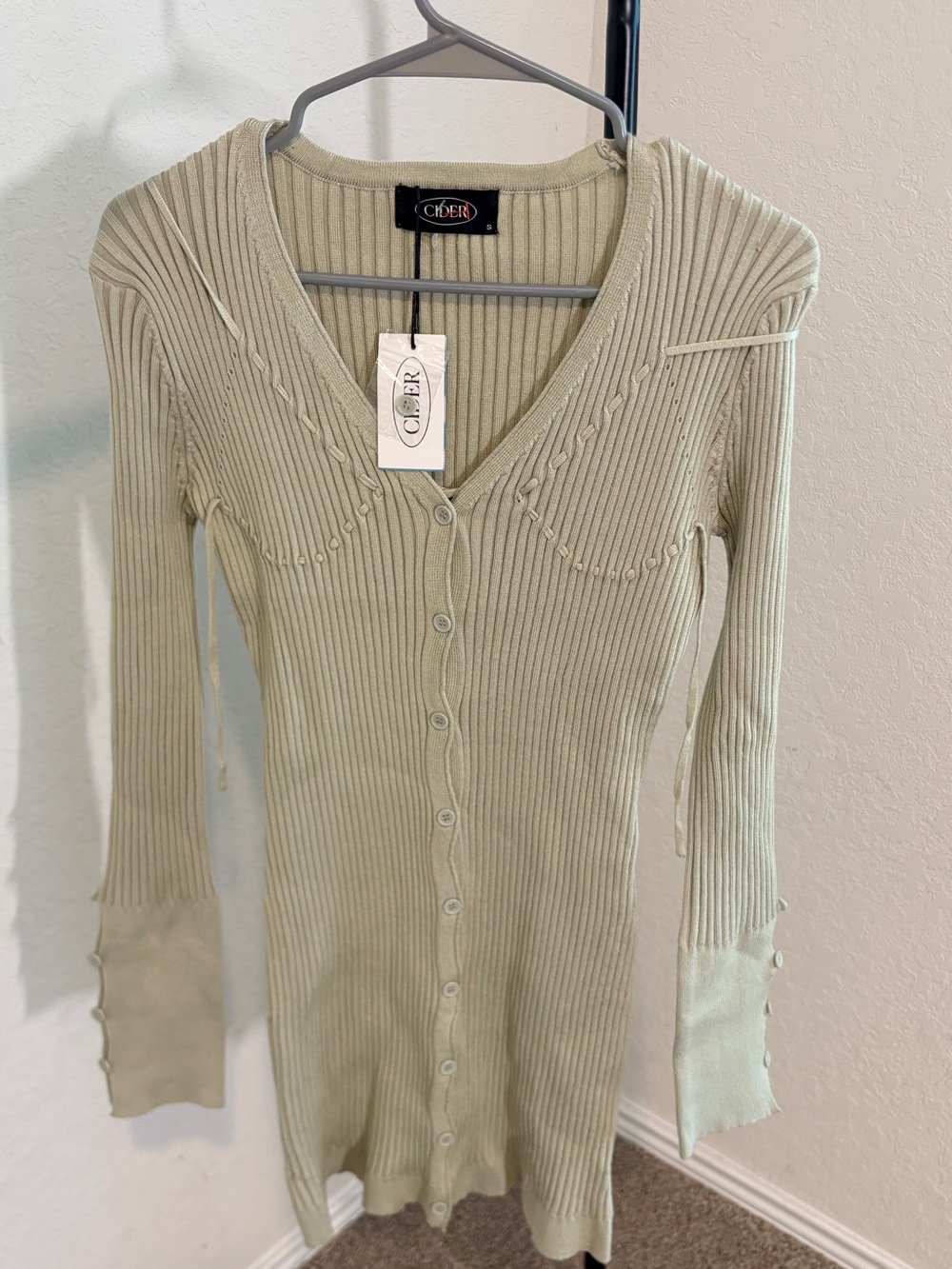 Cider Sage Ribbed Button-Front Knit long Cardigan